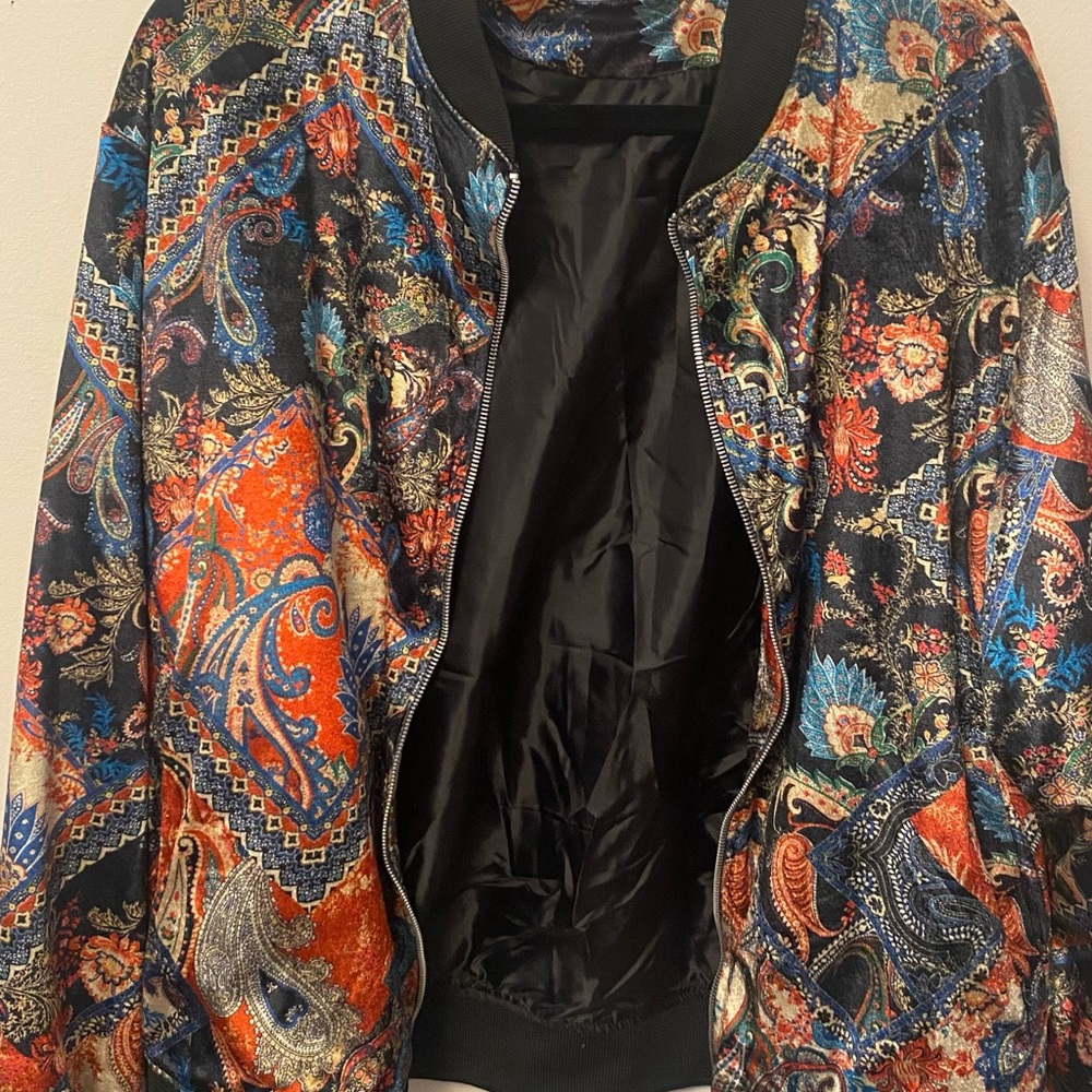 Zara Red and Blue Bomber Jacket with Ornate Patterns